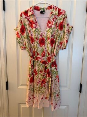 Maison Tara Pink Floral Button-Front Dress with Green Accents